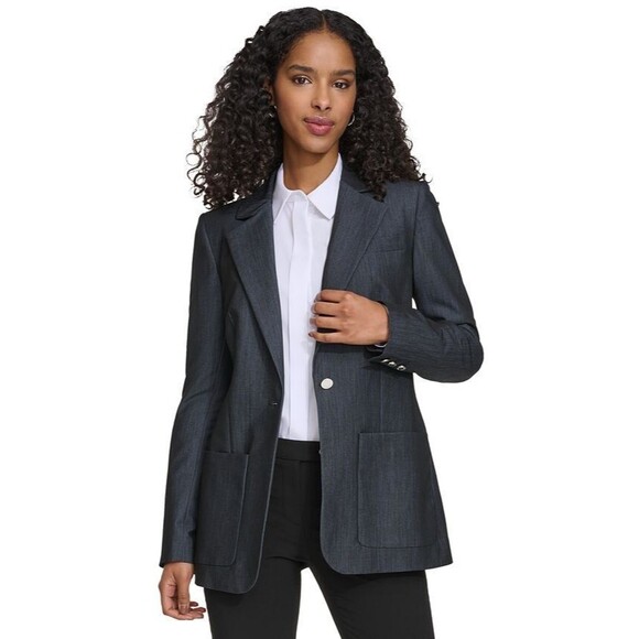Calvin Klein Women's One-Button Notched-Collar Blazer Dark Indigo Size 2 - Picture 3 of 14